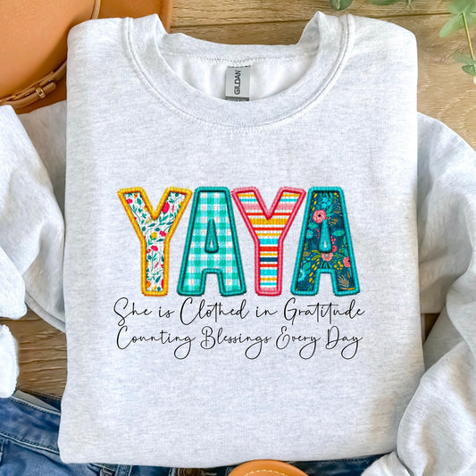 Yaya She Is Clothed In Gratitude Counting Blessings Every Day Faux Embroidery DTF