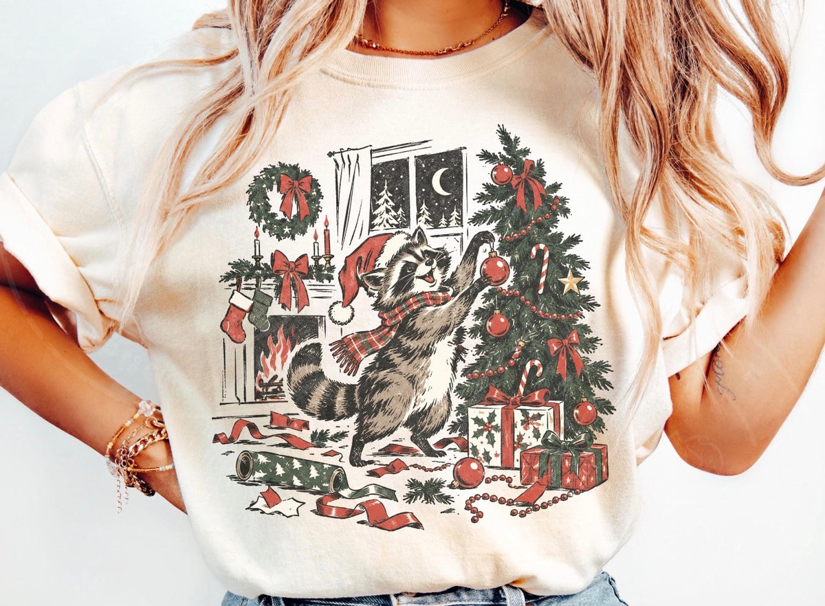 Raccoon decorating tree- DTF