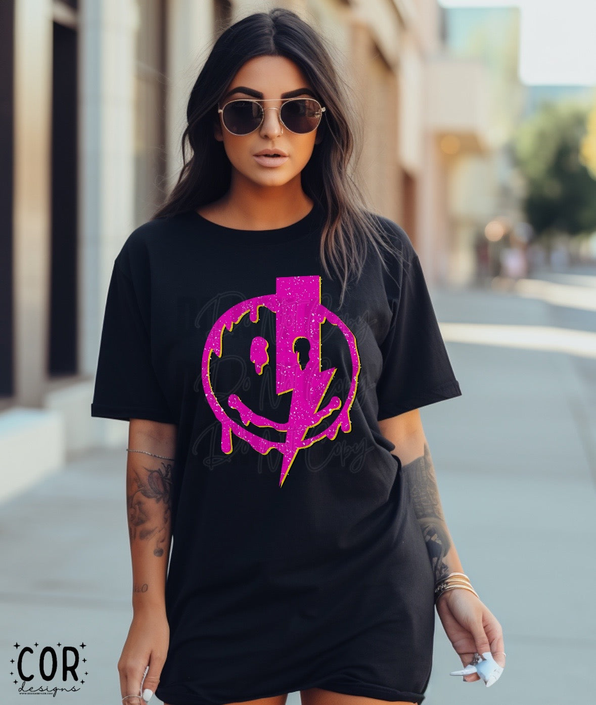 Pink Smiley With Lightening Bolt - DTF