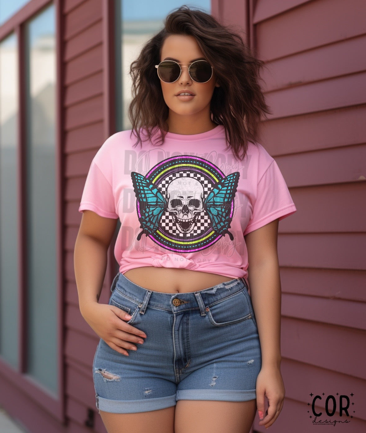 Checkered Skull Butterfly Circle - DTF