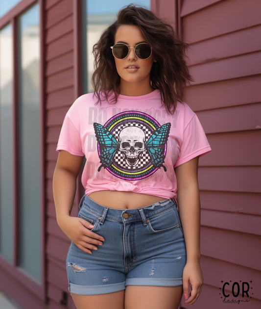Checkered Skull Butterfly Circle - DTF