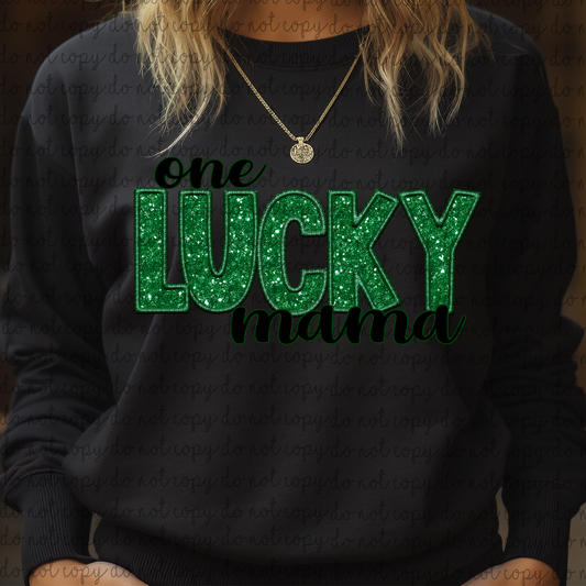 One Lucky Mama Faux Embroidery Sequin DTF