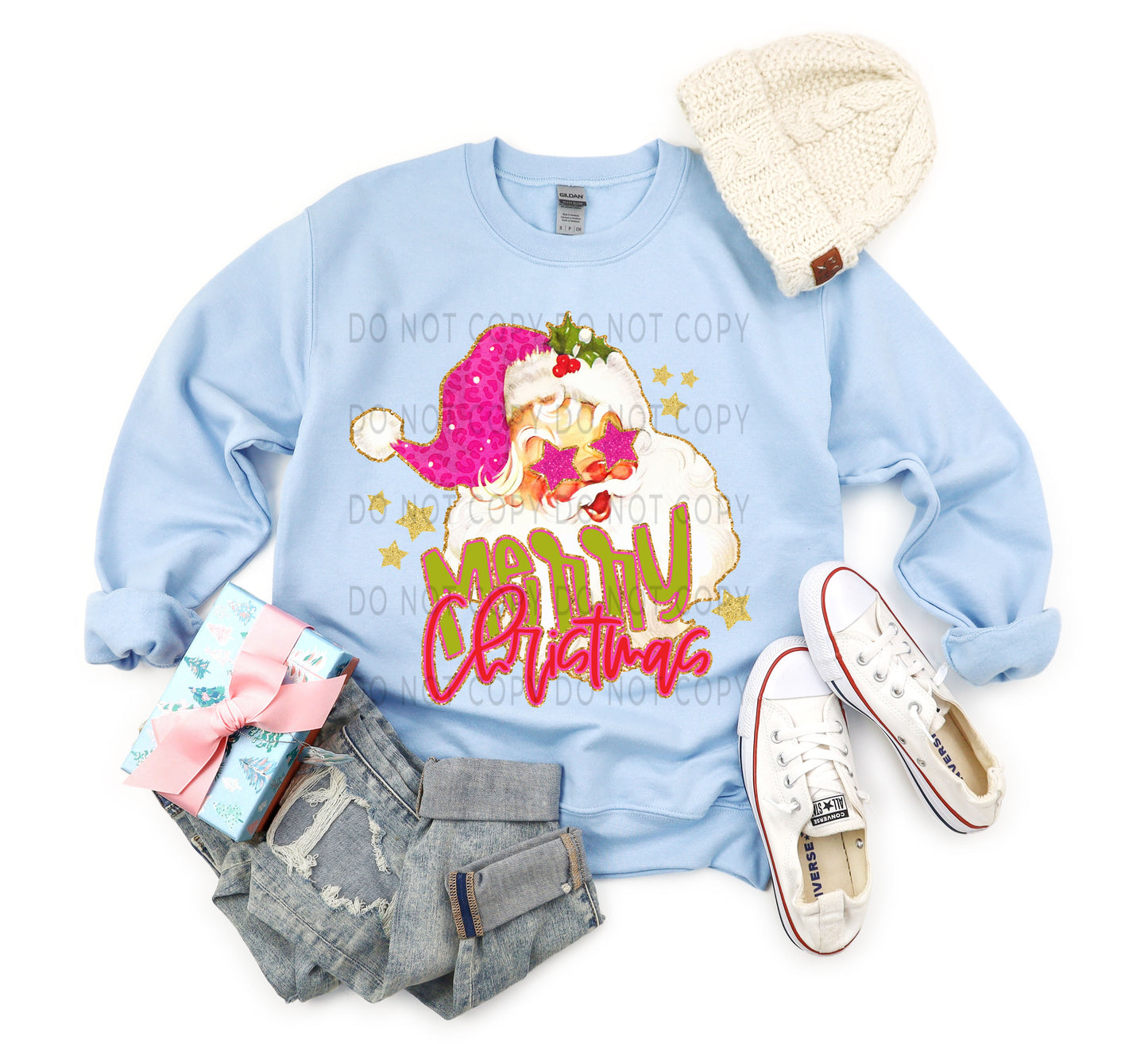 Merry Christmas Pink Preppy Santa Faux Glitter - DTF