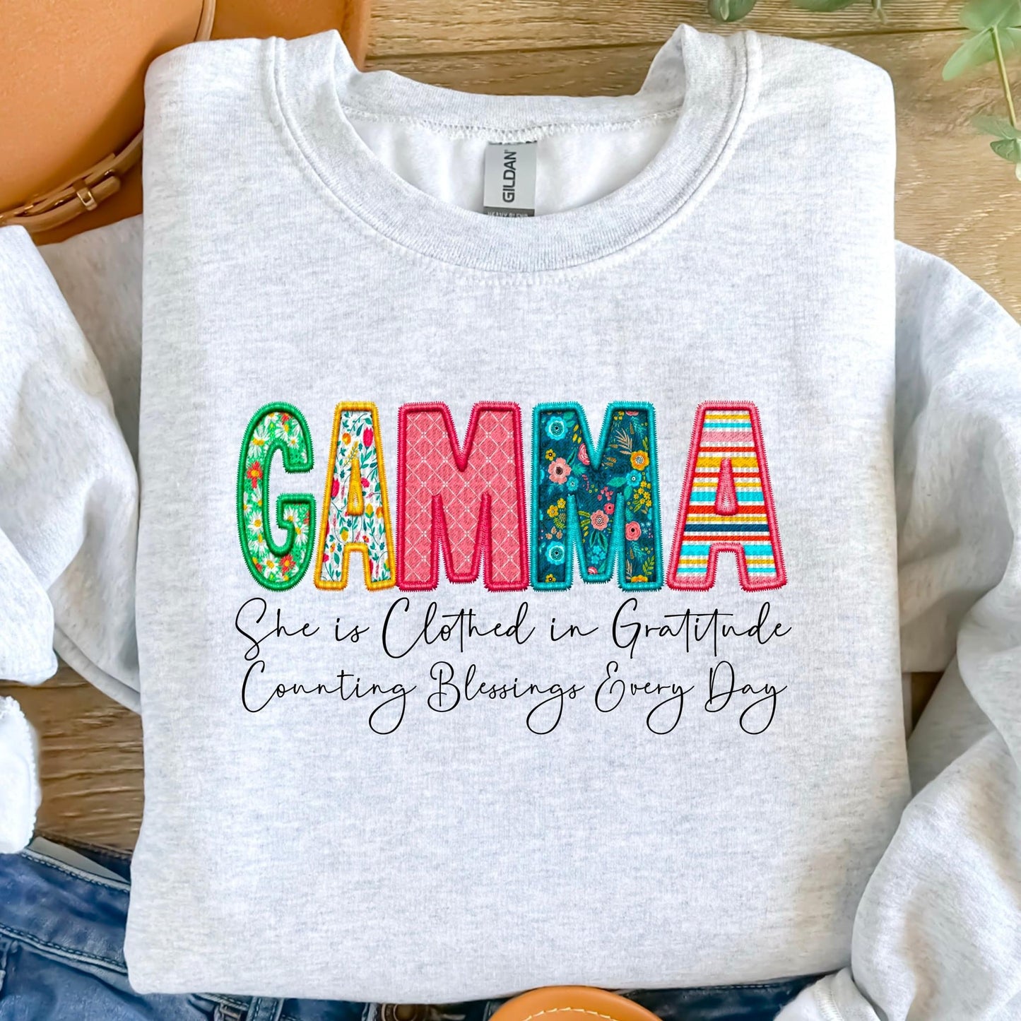 Gamma She Is Clothed In Gratitude Counting Blessings Every Day Faux Embroidery DTF