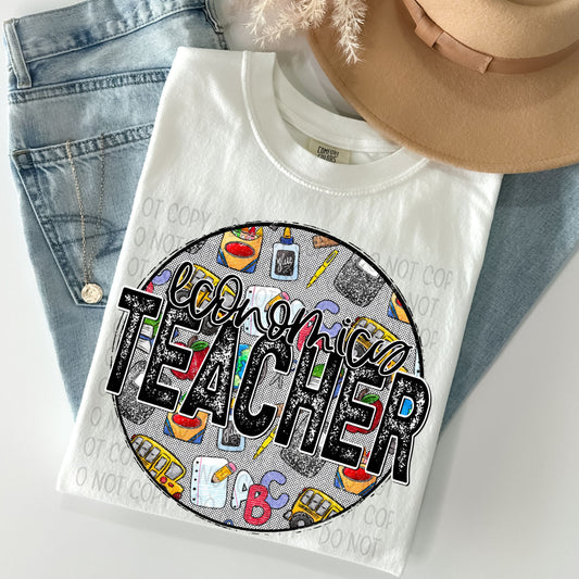 Economics Teacher Distressed Circle With School Bus And Crayons - DTF