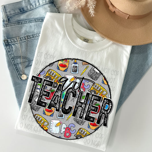 Art Teacher Distressed Circle With School Bus And Crayons - DTF