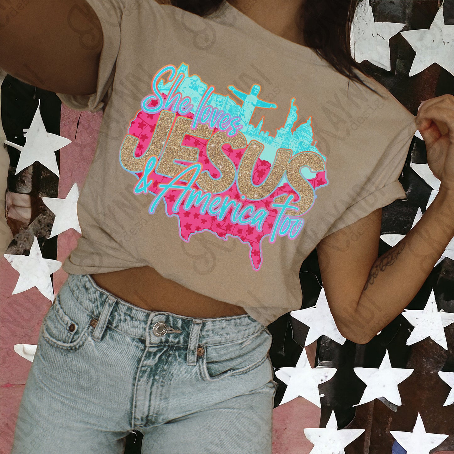City Scape She Loves Jesus and America too -DTF&UV
