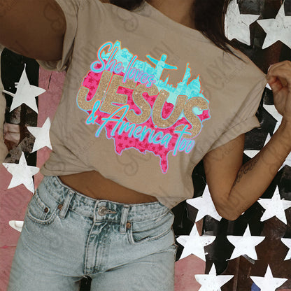 City Scape She Loves Jesus and America too -DTF&UV