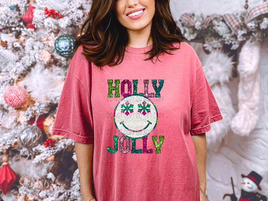 Holly Jolly Snowflake Happy Face Faux Sequin -DTF