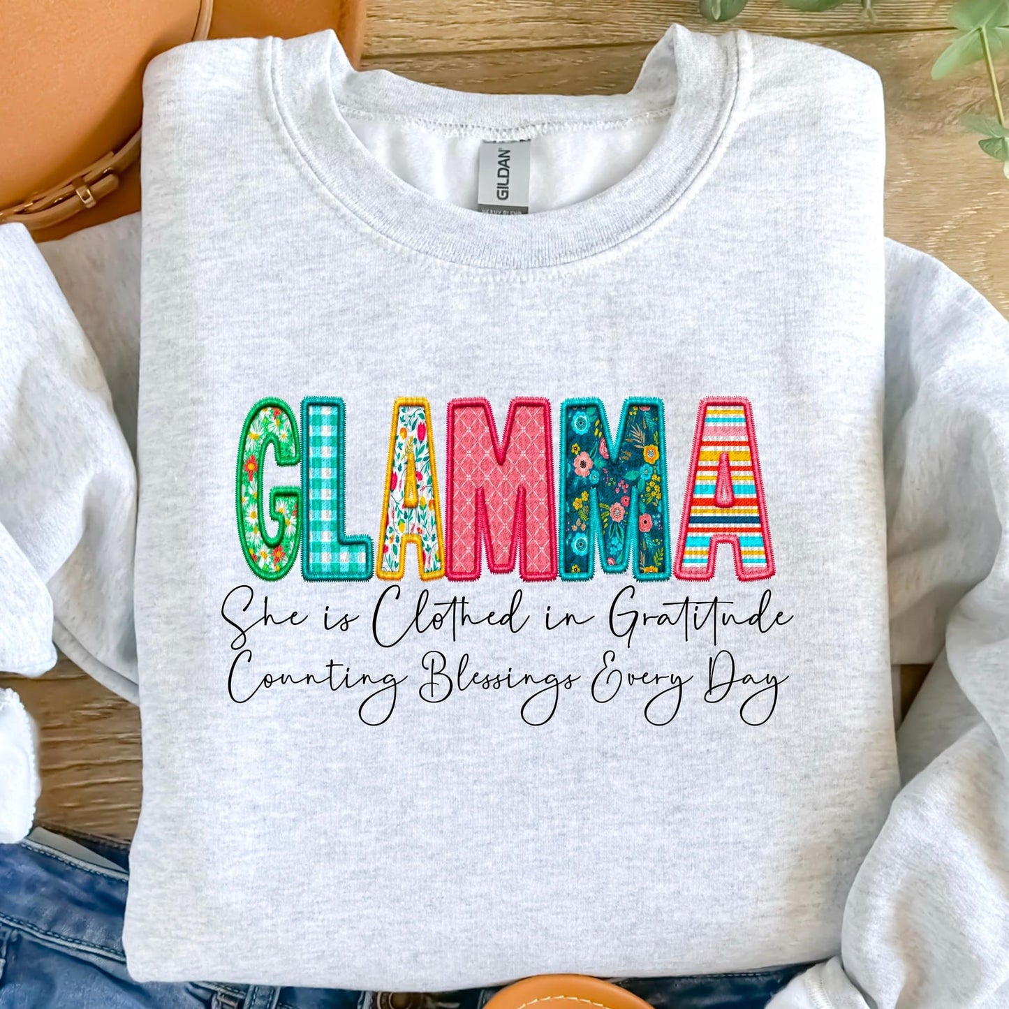 Glamma She Is Clothed In Gratitude Counting Blessings Every Day Faux Embroidery DTF