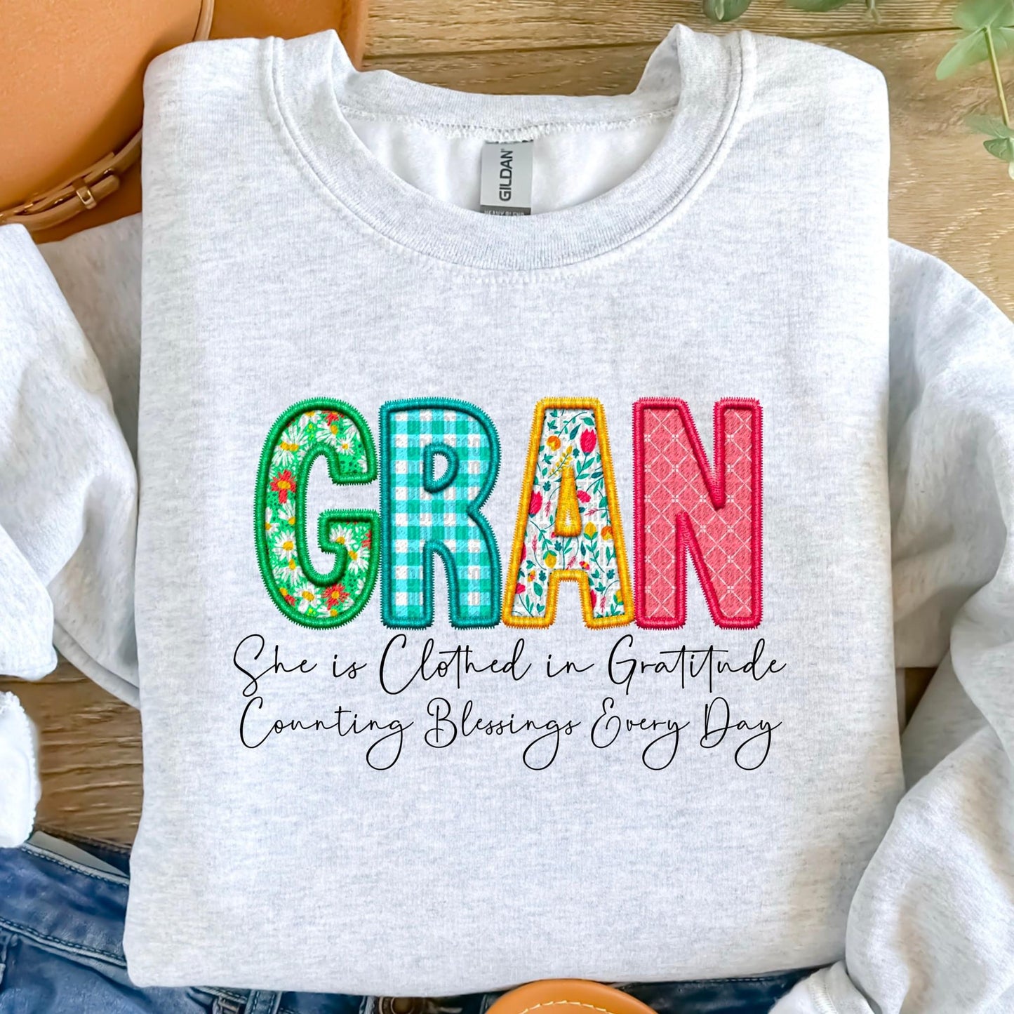 Gran She Is Clothed In Gratitude Counting Blessings Every Day Faux Embroidery DTF