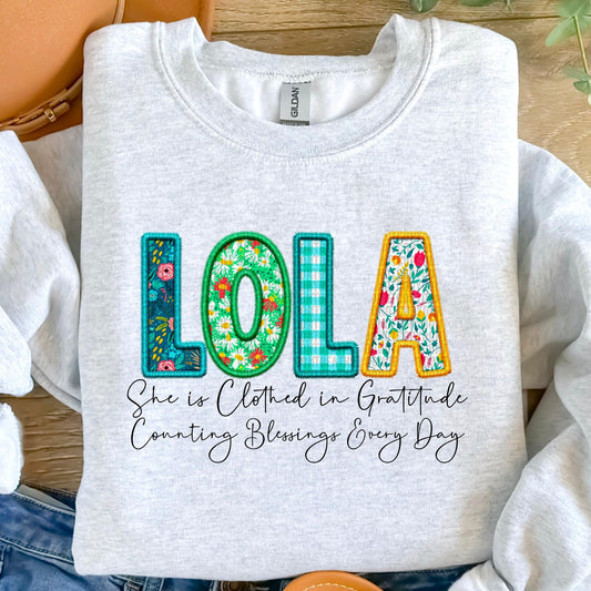 Lola She Is Clothed In Gratitude Counting Blessings Every Day Faux Embroidery DTF