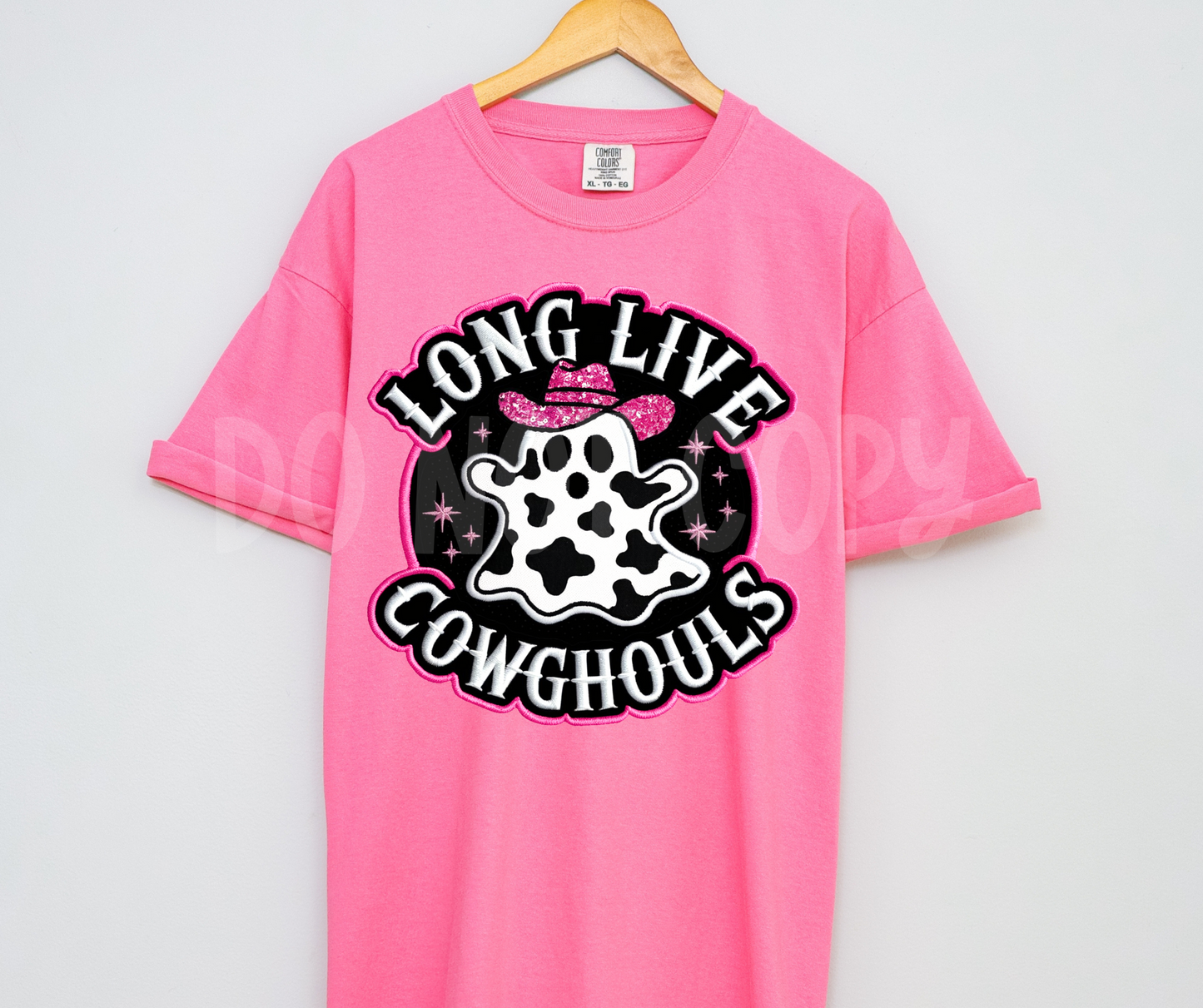 Long Live Cowghouls Faux Emb Patch pink outline-DTF