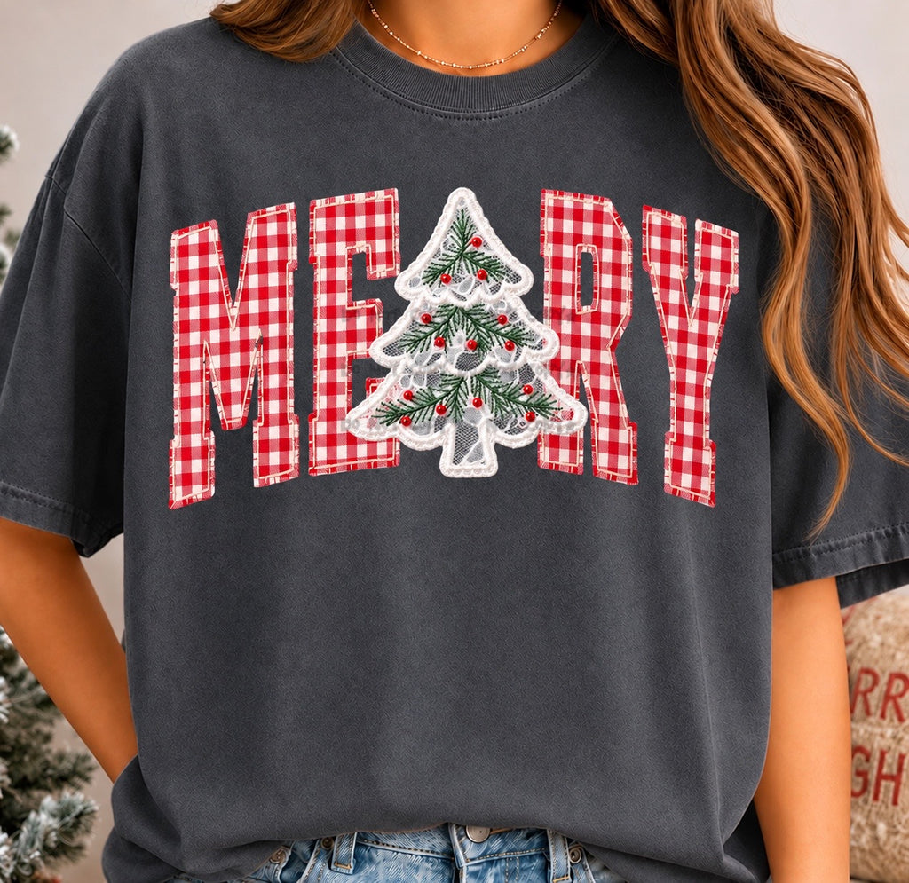 Red Gingham Merry with tree- DTF