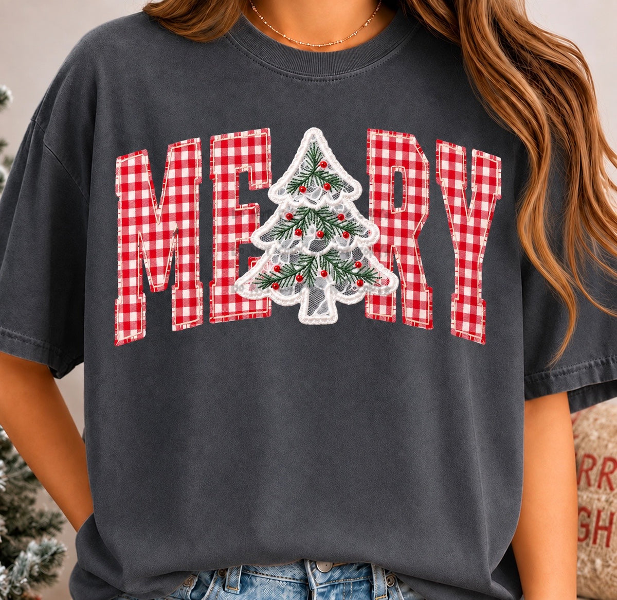 Red Gingham Merry with tree- DTF