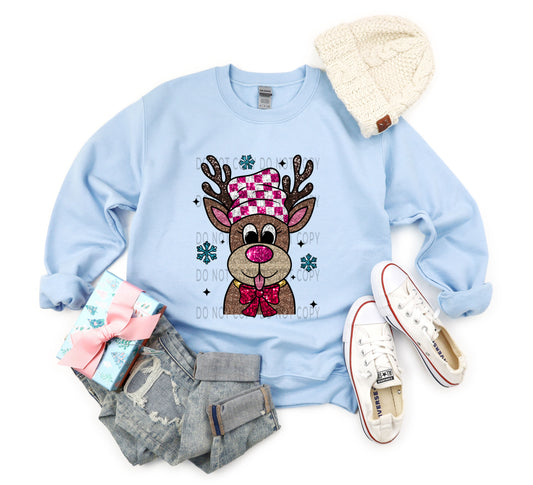 Reindeer Pink Checkered Beanie Faux Sequin - DTF