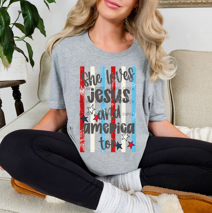 She loves Jesus and America too
Stripes- DTF&UV