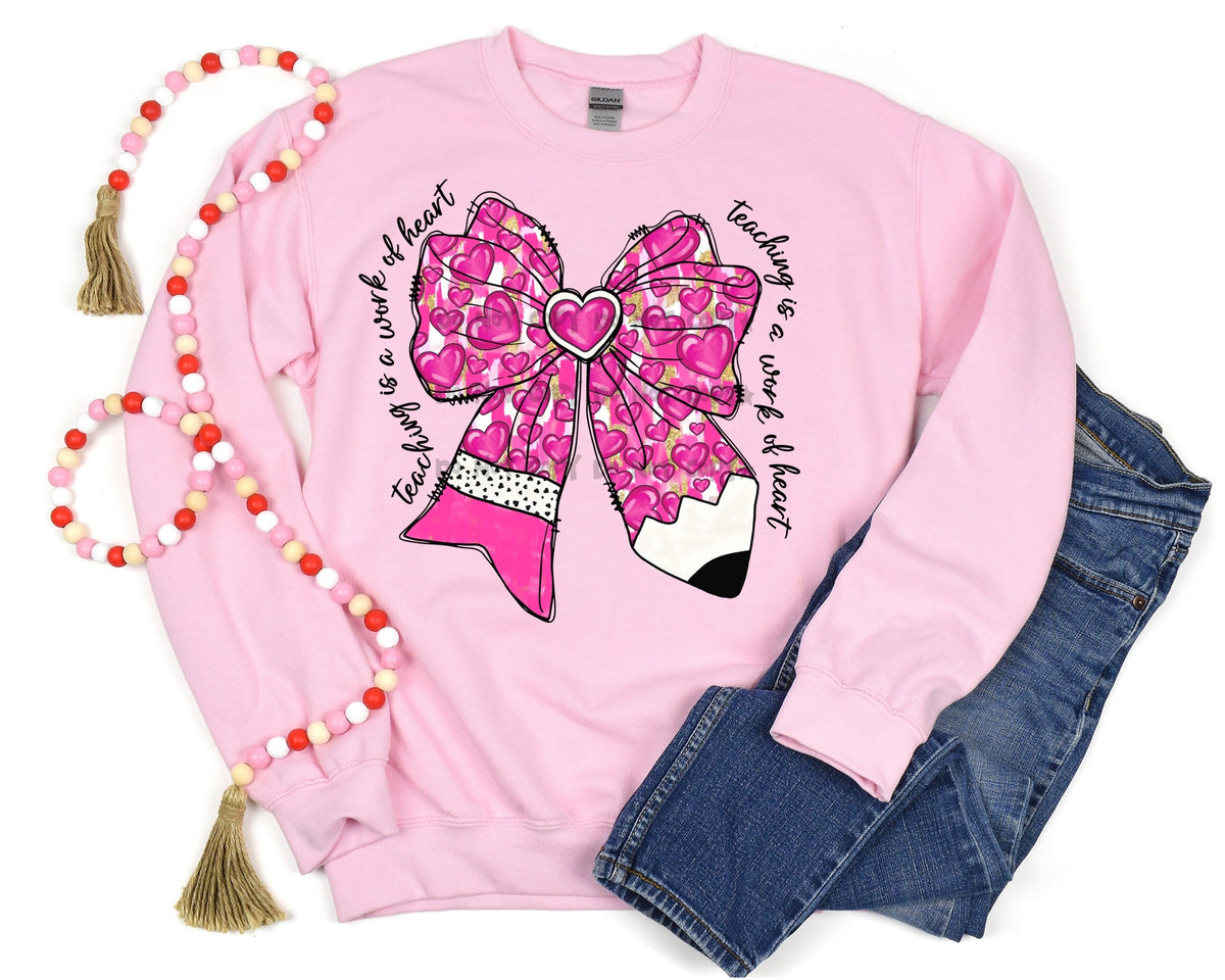 Teaching is a work of heart pink pencil bow-DTF