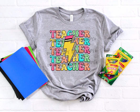 Teacher stacked multi colored with pencil bolt-DTF