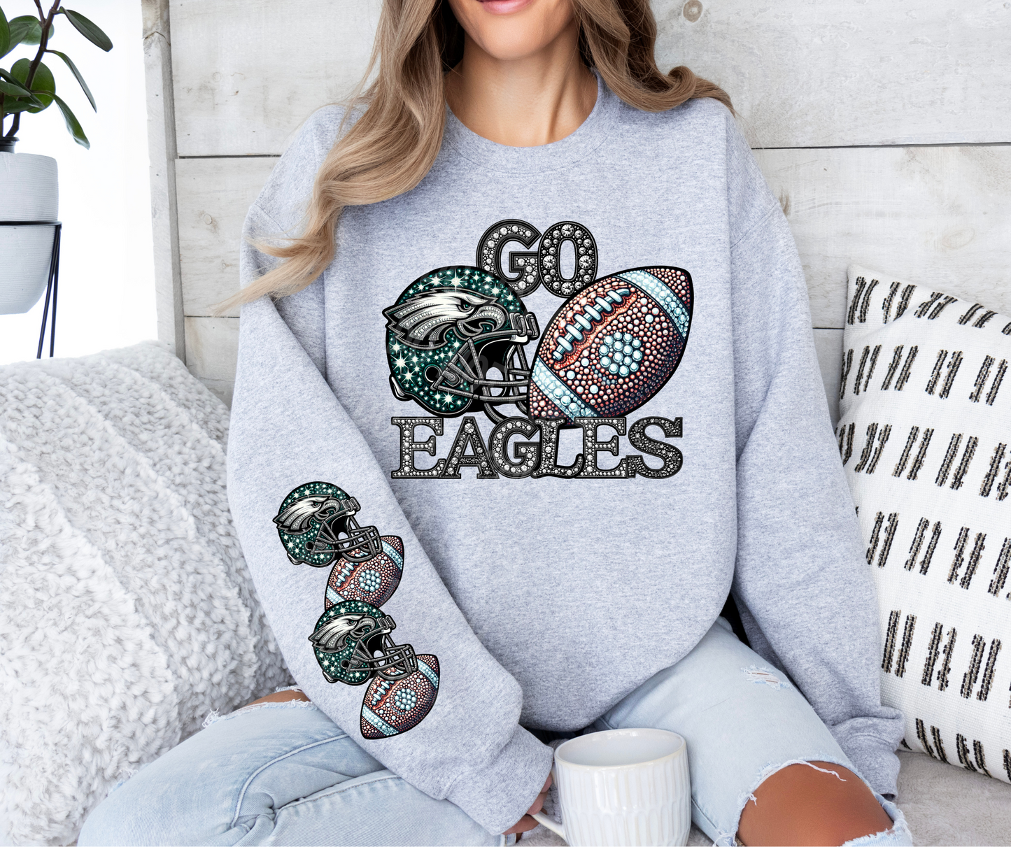 Go Eagles helmet footfall faux sequin front (FRONT OF SHIRT & 1-SLEEVE COMBO-helmet football sleeve)-DTF