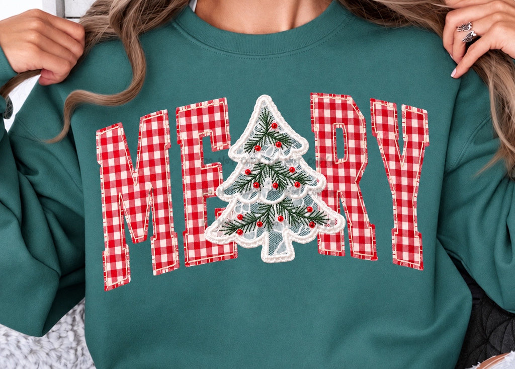 Red Gingham Merry with tree- DTF