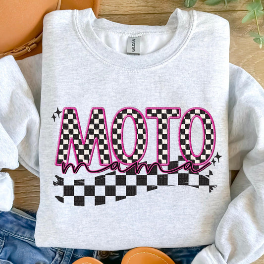 Motto Mama Pink Checkered Faux Embroidery DTF