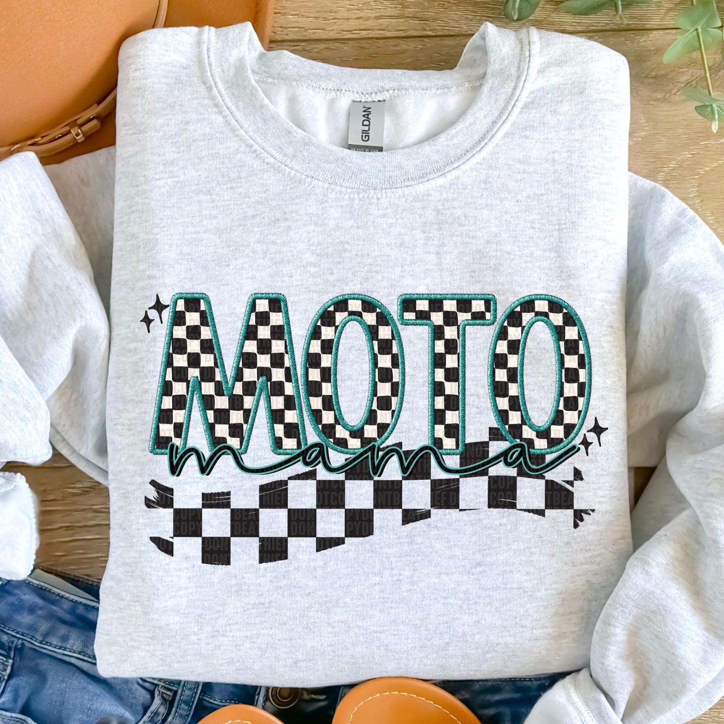 Motto Mama Blue Checkered Faux Embroidery DTF