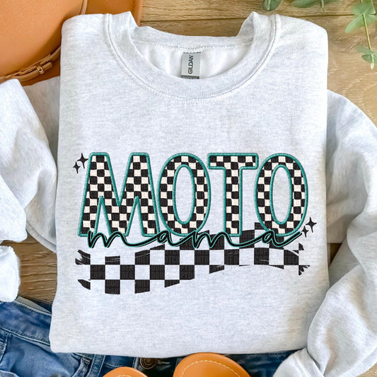 Motto Mama Blue Checkered Faux Embroidery DTF
