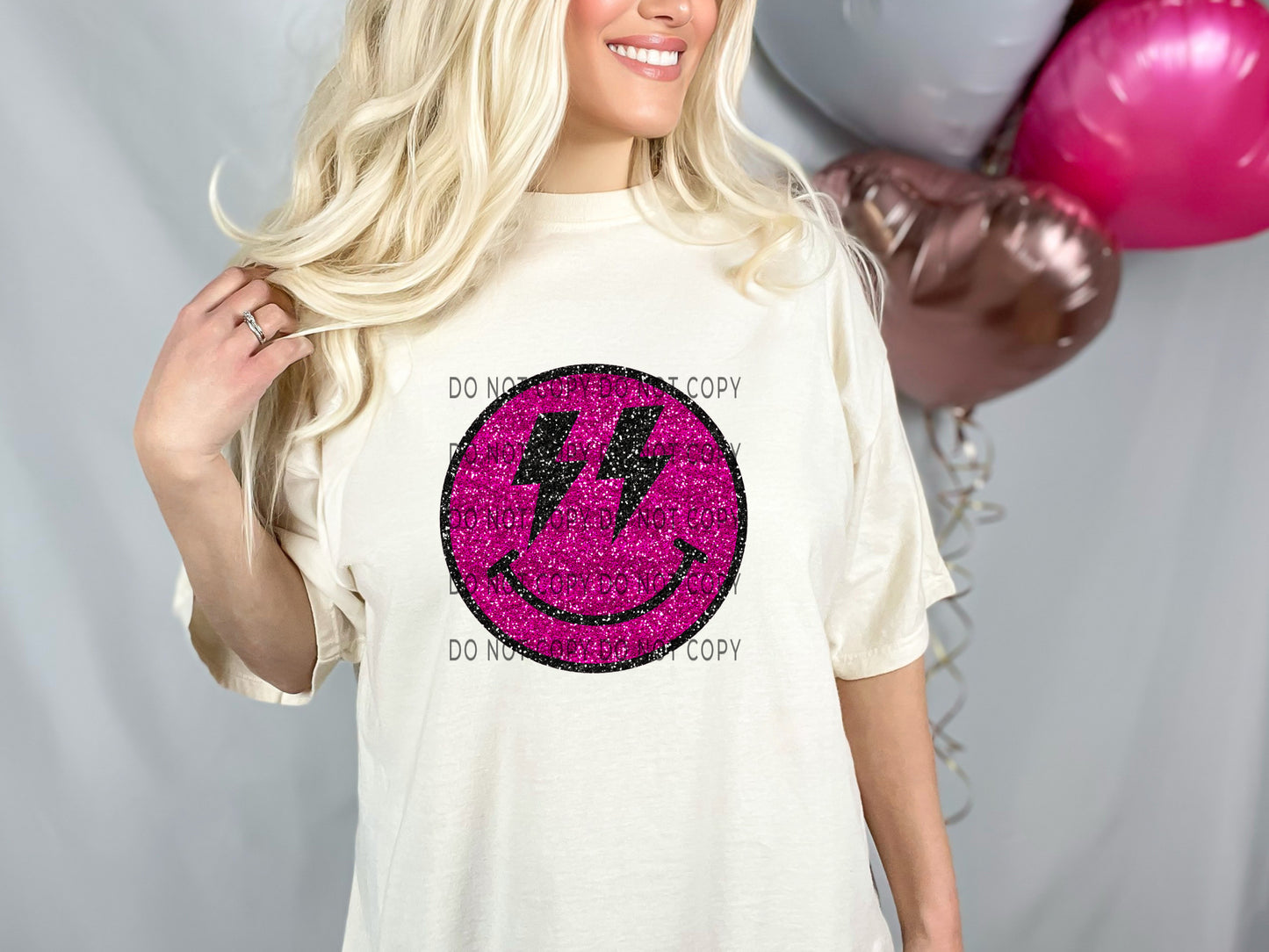 Faux Sequin Pink Black Happy Face DTF