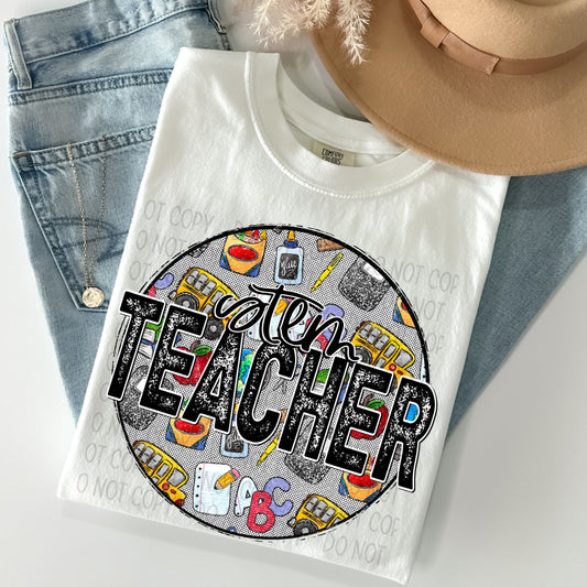 Stem Teacher Distressed Circle With School Bus And Crayons - DTF