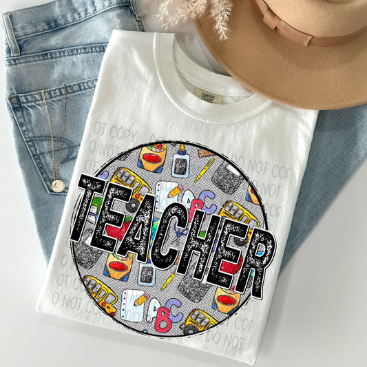 Teacher Distressed Circle With School Bus And Crayons - DTF