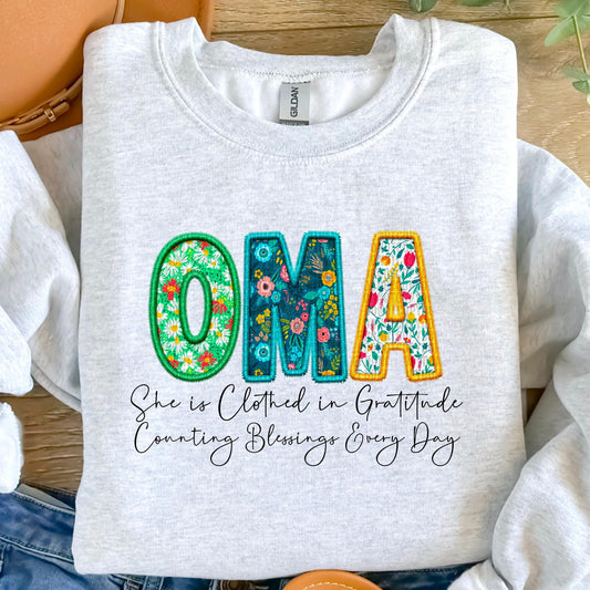 Oma She Is Clothed In Gratitude Counting Blessings Every Day Faux Embroidery DTF