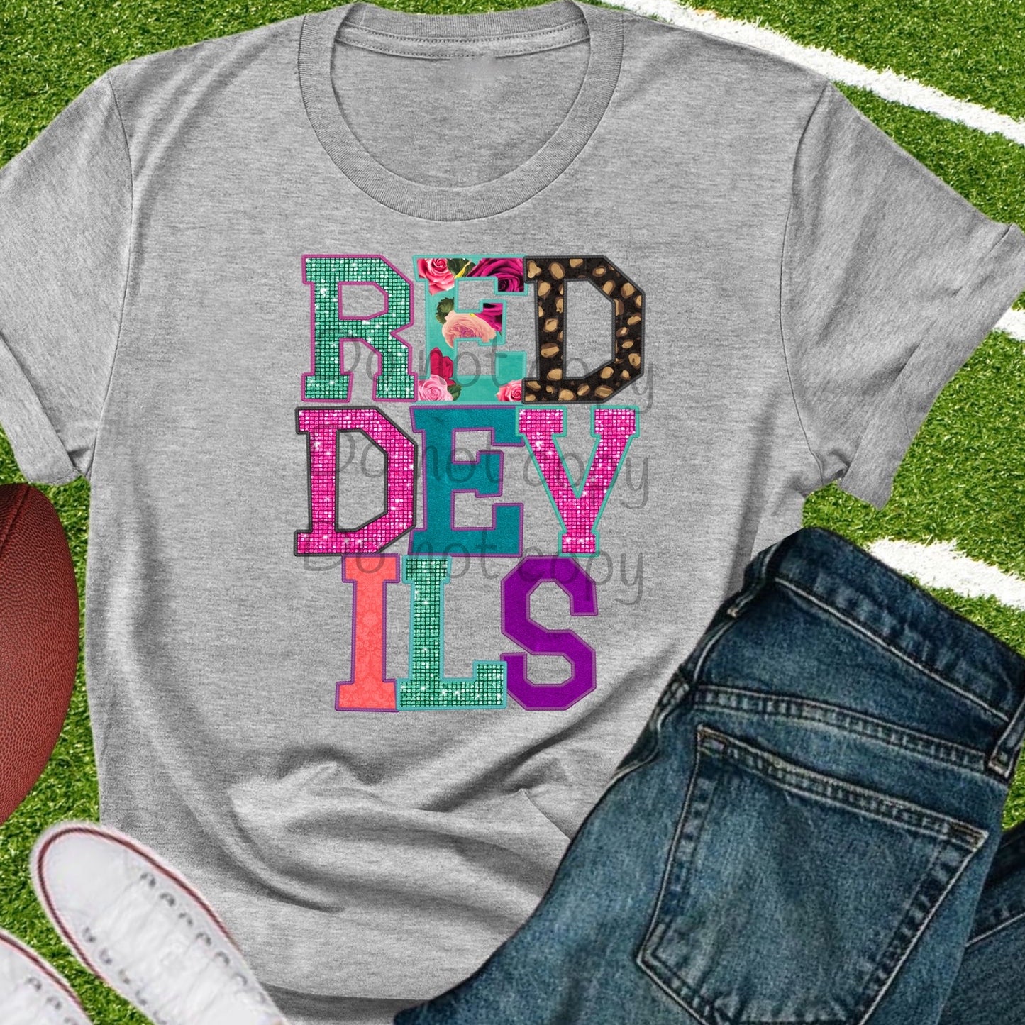 Red devils faux appliqué words-DTF