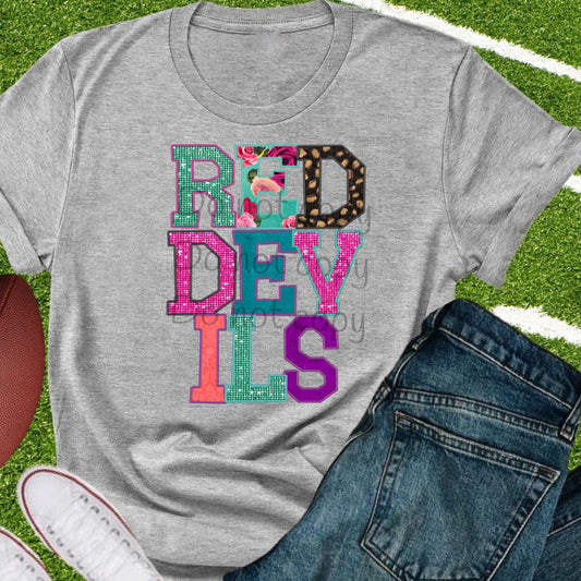 Red devils faux appliqué words-DTF
