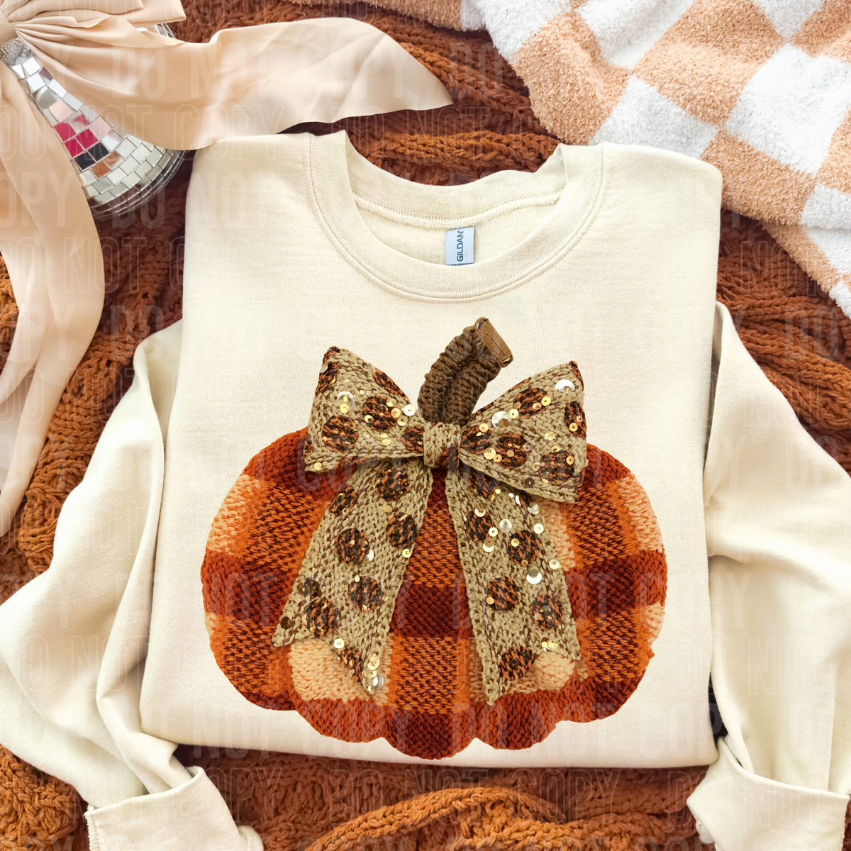 FALL PLAID PUMPKIN BOW FAUX YARN SEQUINS -DTF&UV