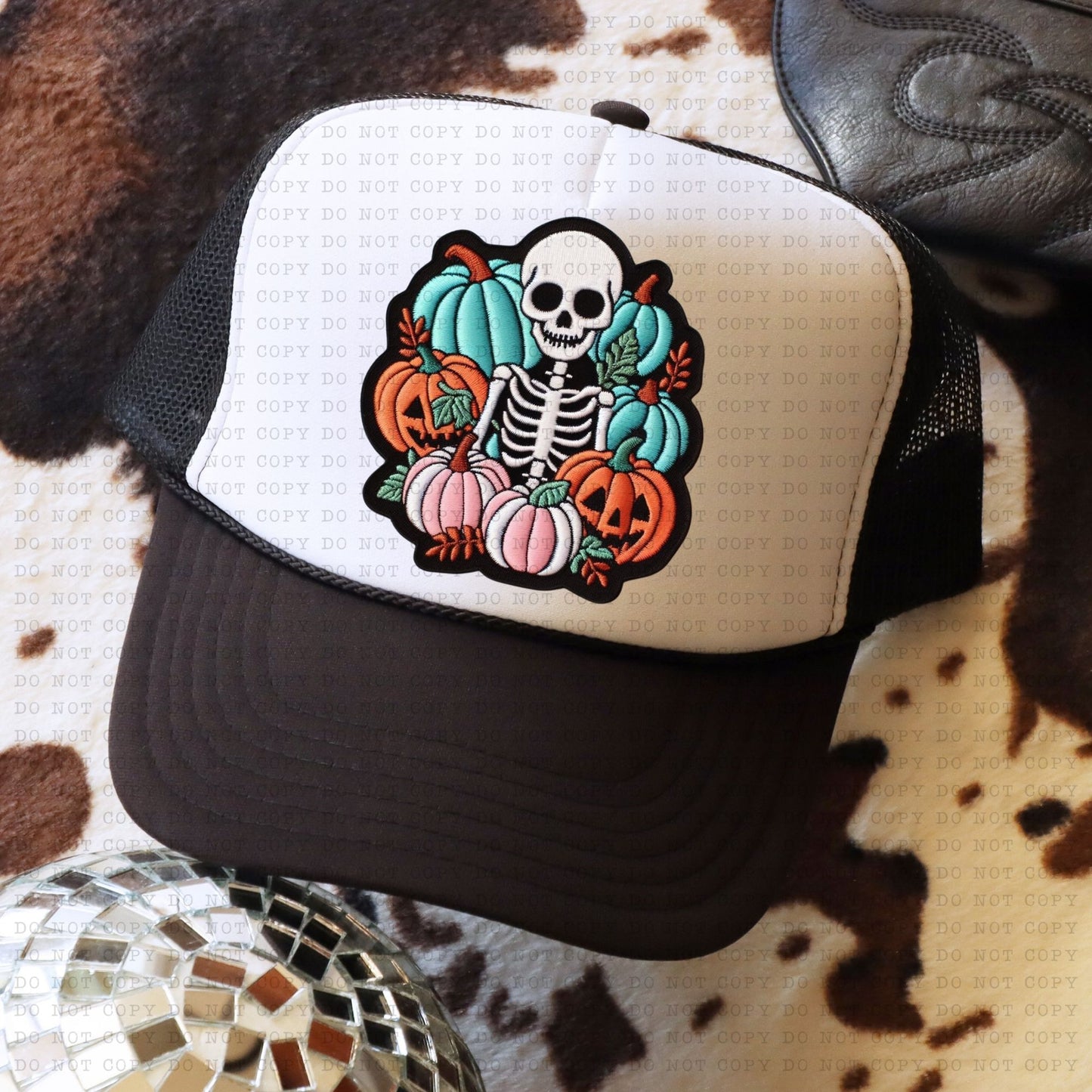 Fall Skellie 3 Trucker Faux Hat Patch -DTF