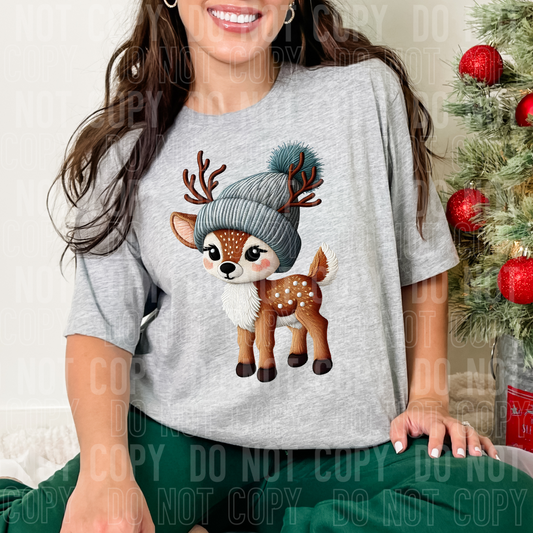 FAUX EMBROIDERY Reindeer with beanie hat-DTF