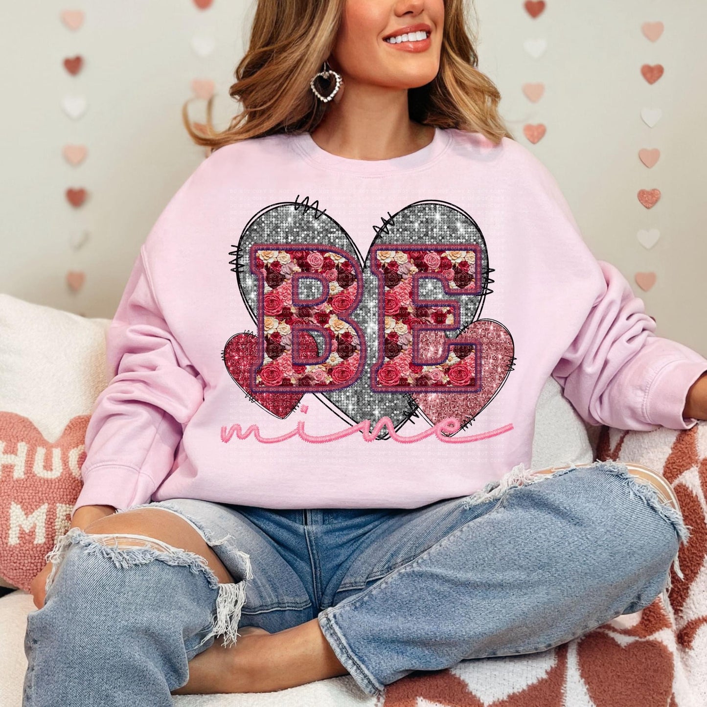 Be Mine Roses Faux Embroidery Hearts DTF