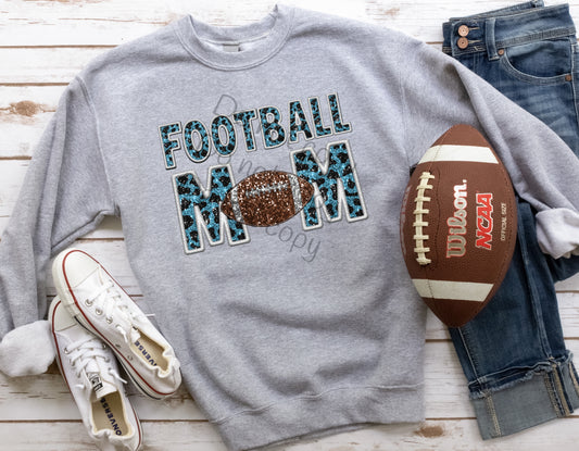 Cow print blue sequin Football mom white stitch-DTF