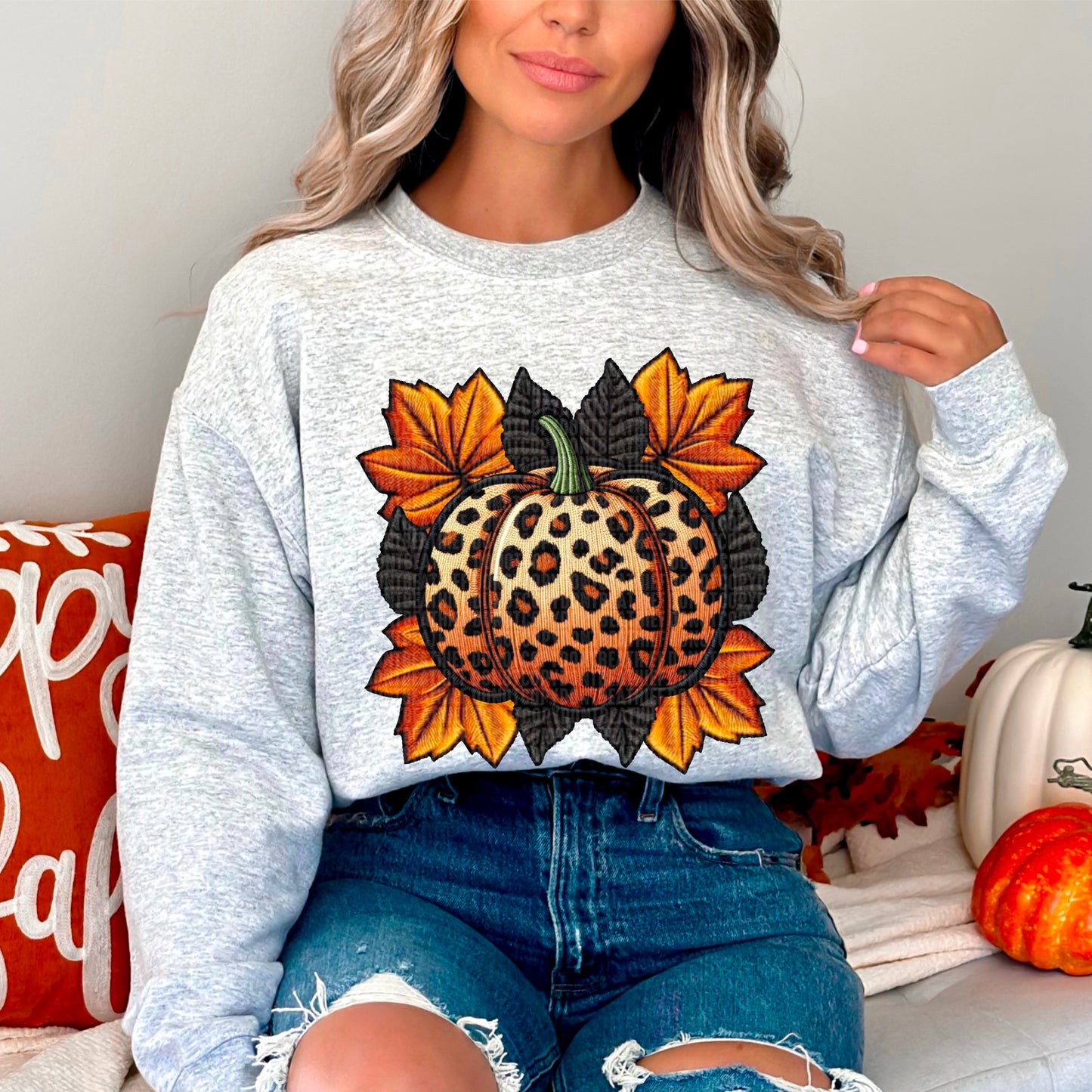 Fall leopard pumpkin faux embroidery-dtf