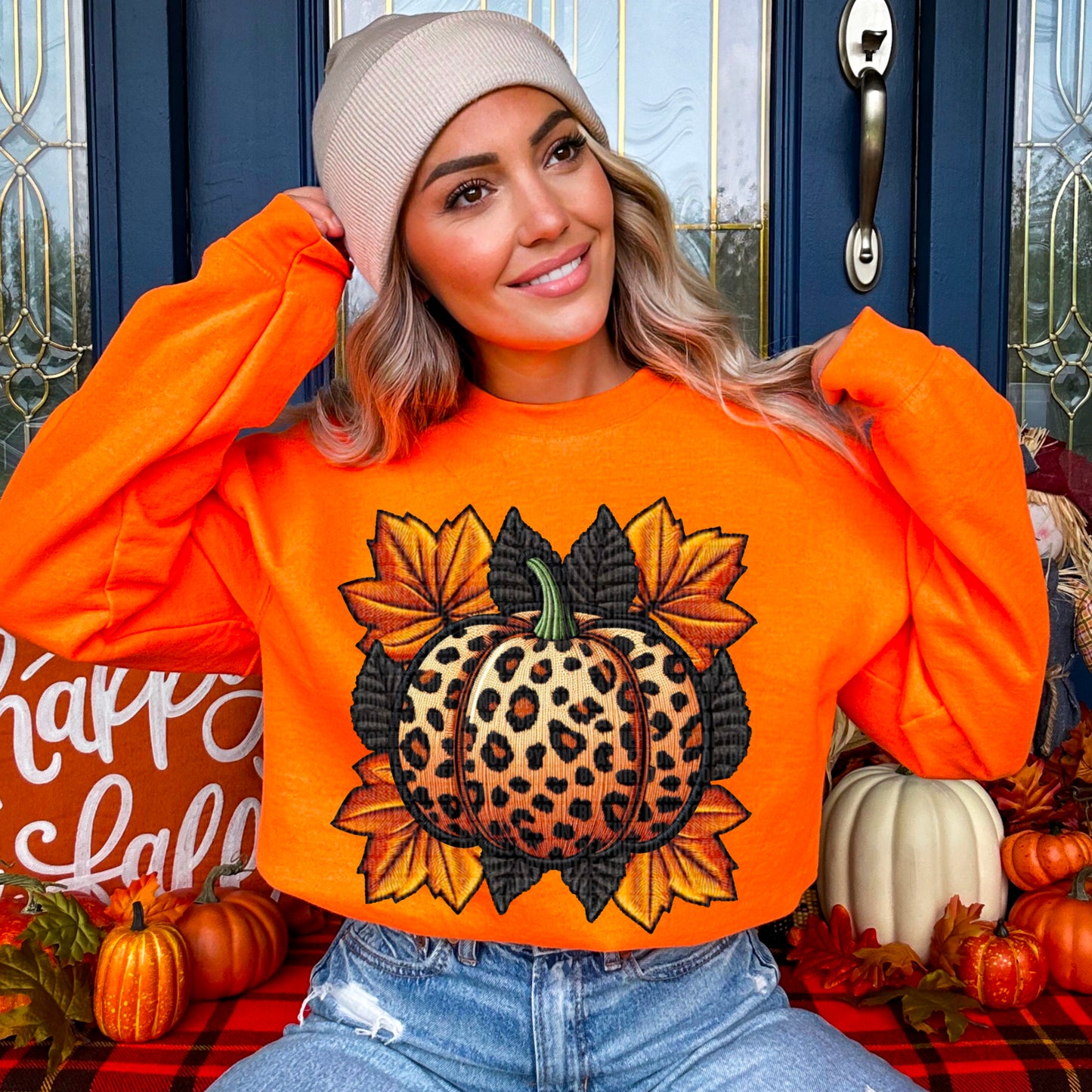 Fall leopard pumpkin faux embroidery-dtf