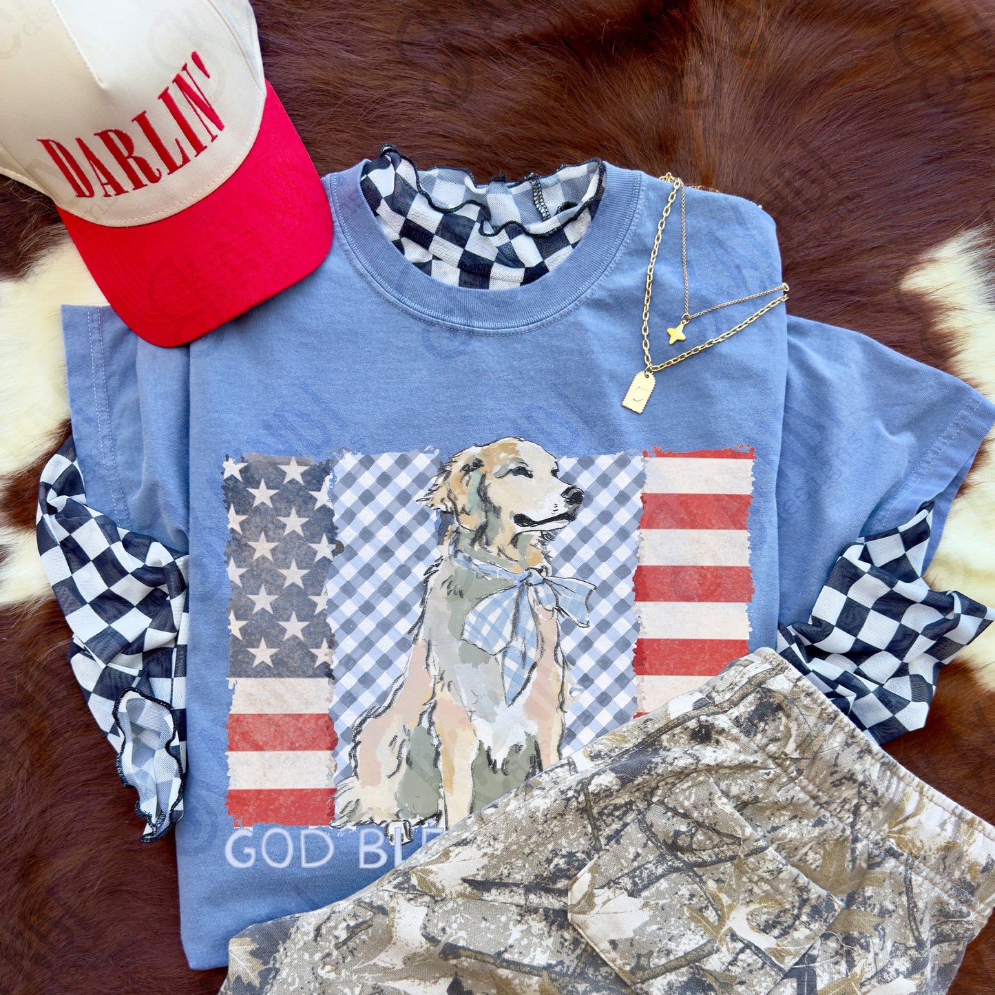 God Bless America Flag with dog-DTF&UV