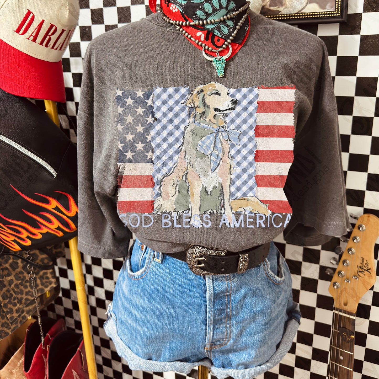God Bless America Flag with dog-DTF&UV