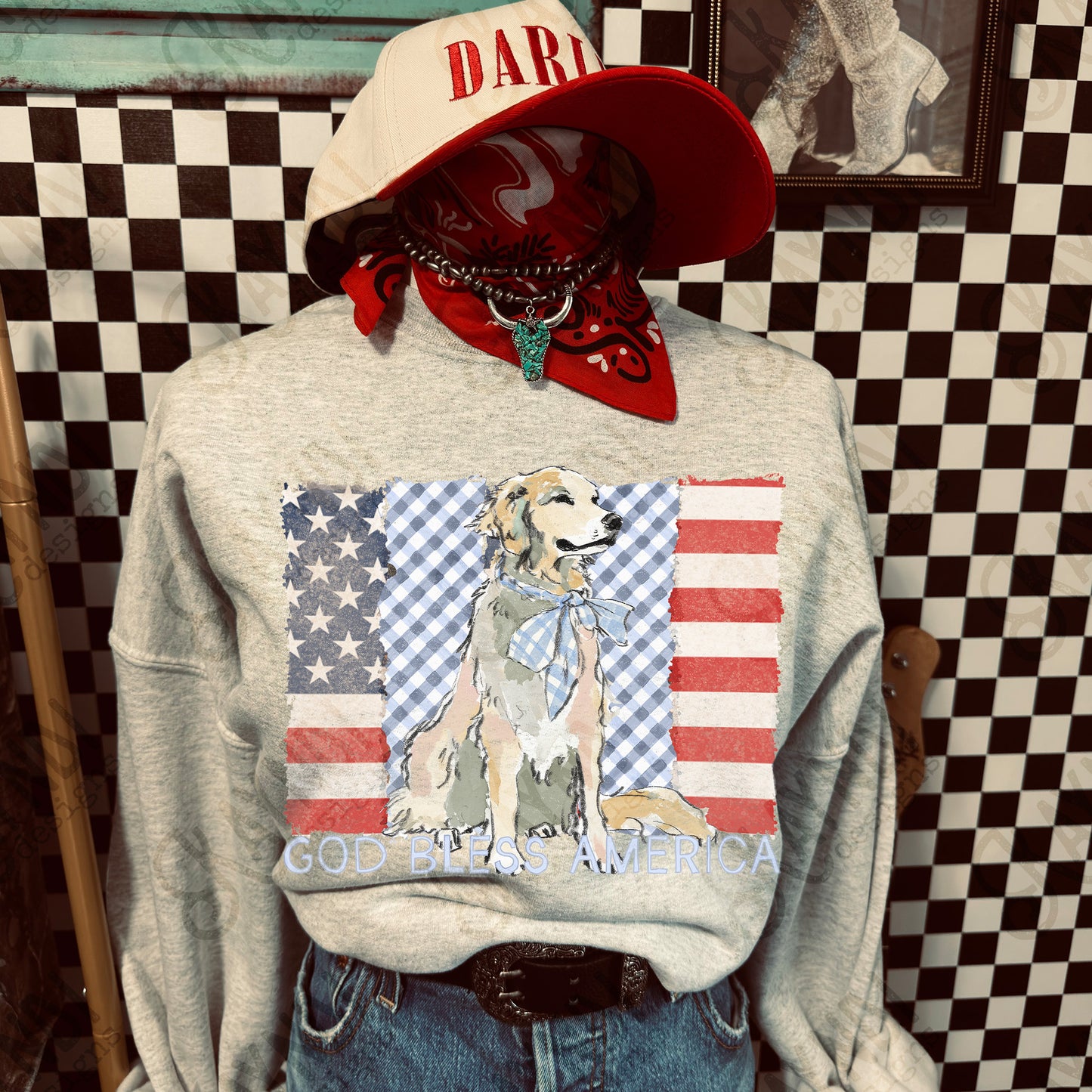 God Bless America Flag with dog-DTF&UV