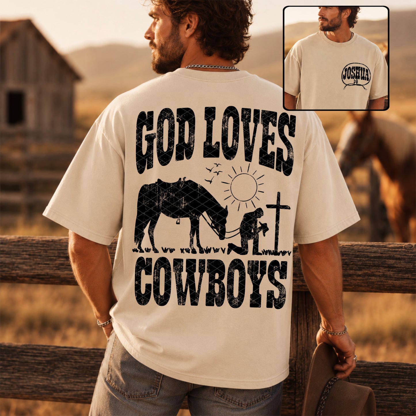 God loves cowboys Black (front and back included) -DTF&UV