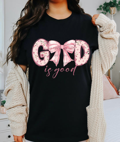 God is good pink with bow-DTF