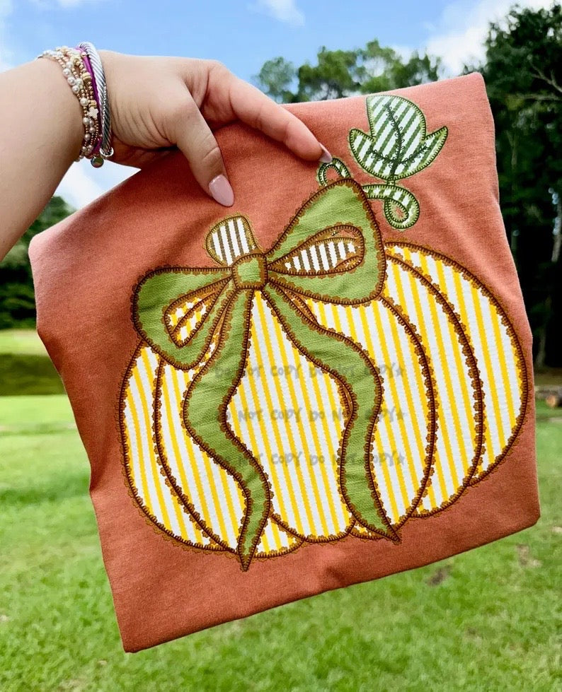 Yellow striped pumpkin with green bow-DTF&UV