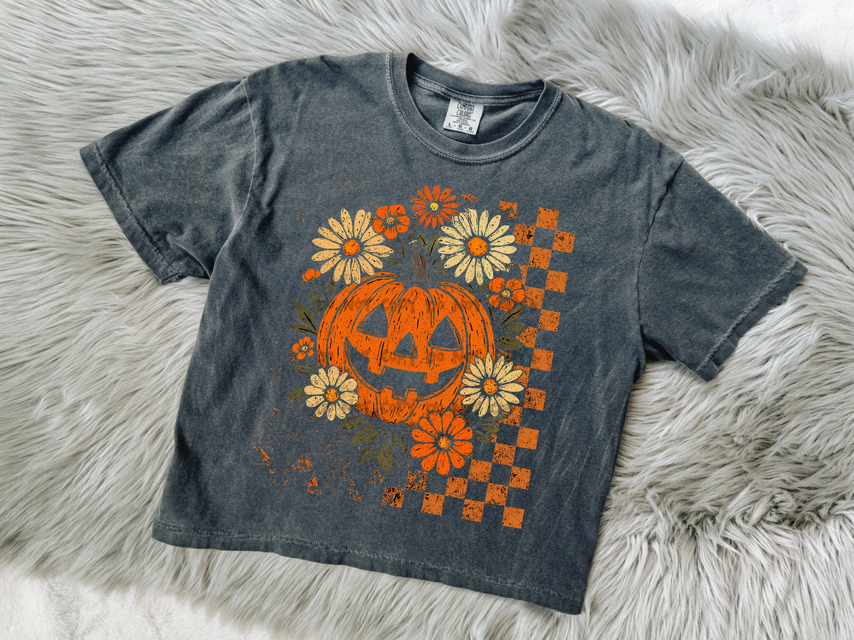 Retro pumpkin checker with flowers -DTF&UV