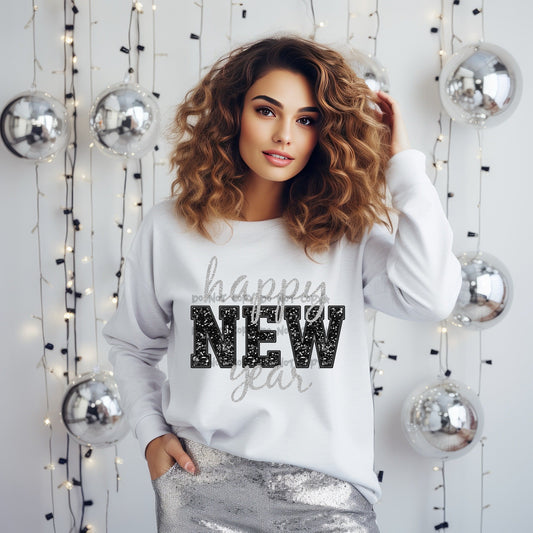 Happy New Year silver and black-DTF