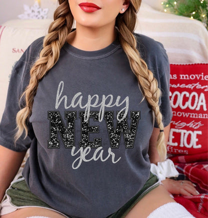 Happy New Year silver and black-DTF